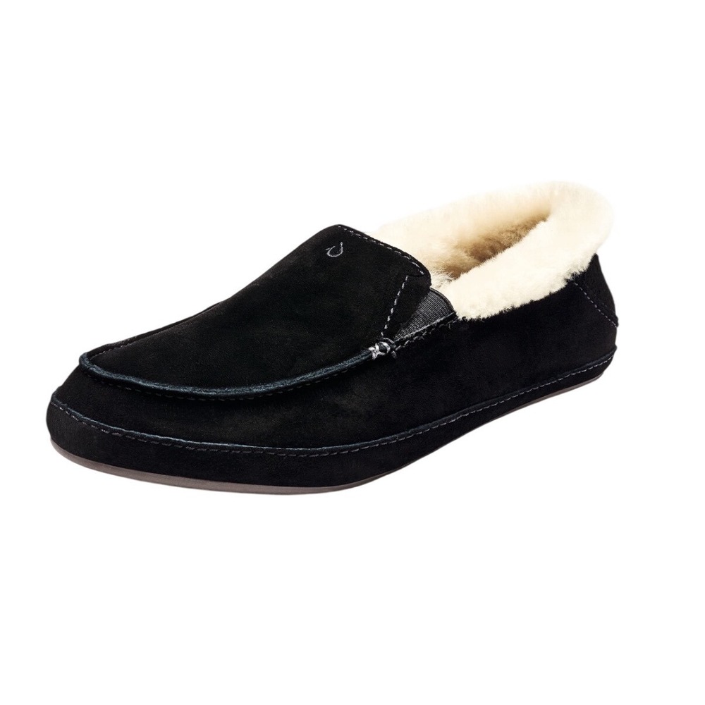 OluKai Kuuna Womens Slipper Black Leather Shearling 20428-4040 Size‎ 11 EUC